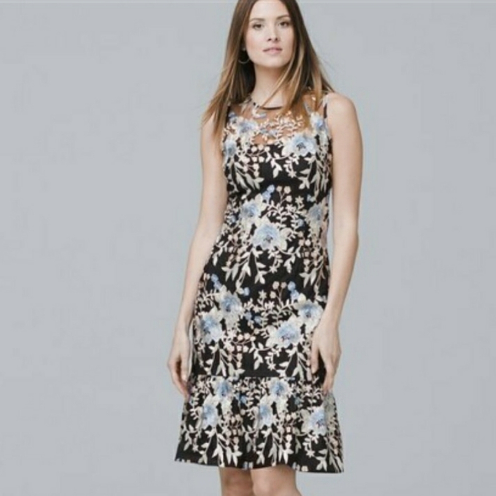 Black House White Market Sheath Embroidered Floral Blue Black Ruffle Dress BHWM